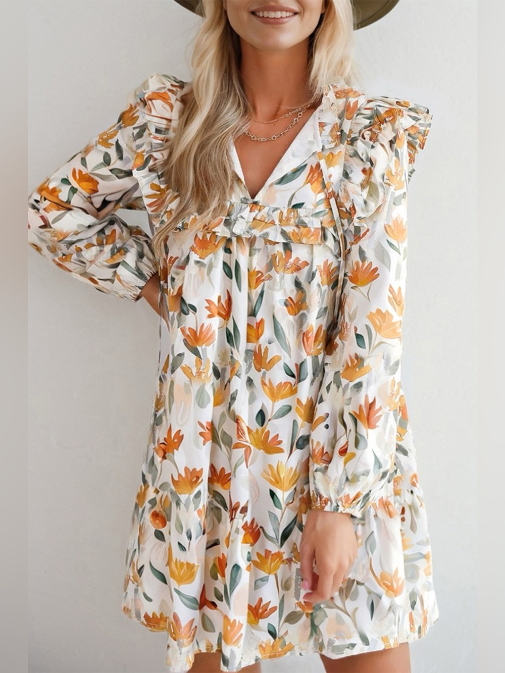 Bohemian Floral Print Ruffle Mini Dress